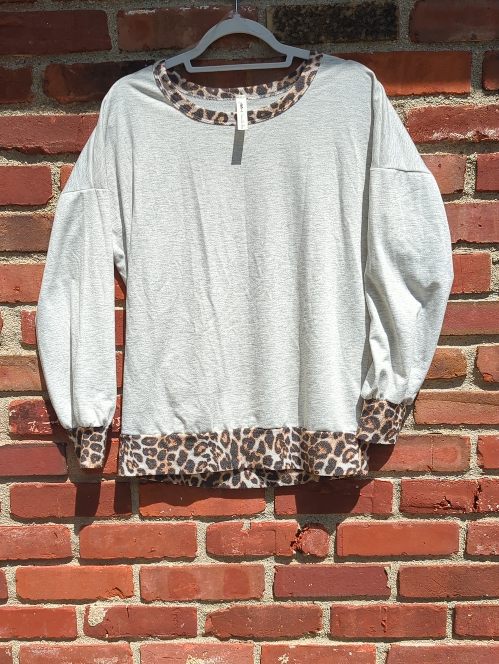 Vanilla Bay Light Gray Scoop-Neck Sweater with Leopard Trim